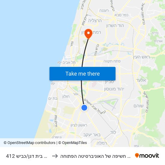 צומת בית דגן/כביש 412 to ביה״ס חשיפה של האוניברסיטה הפתוחה map