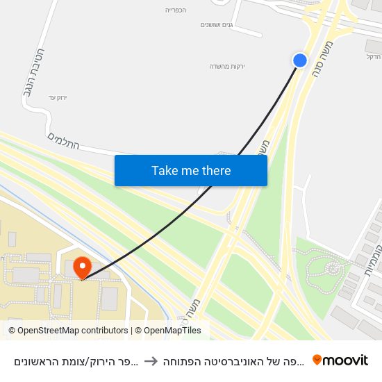 מחלף הכפר הירוק/צומת הראשונים to ביה״ס חשיפה של האוניברסיטה הפתוחה map