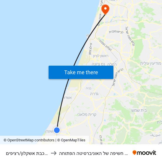 ת. רכבת אשקלון/רציפים to ביה״ס חשיפה של האוניברסיטה הפתוחה map