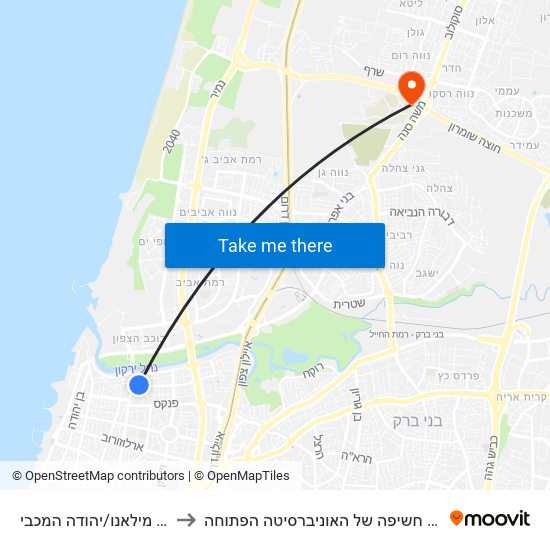 כיכר מילאנו/יהודה המכבי to ביה״ס חשיפה של האוניברסיטה הפתוחה map