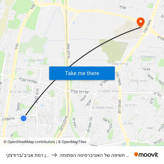 קניון רמת אביב/ברודצקי to ביה״ס חשיפה של האוניברסיטה הפתוחה map