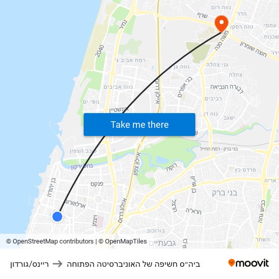 ריינס/גורדון to ביה״ס חשיפה של האוניברסיטה הפתוחה map