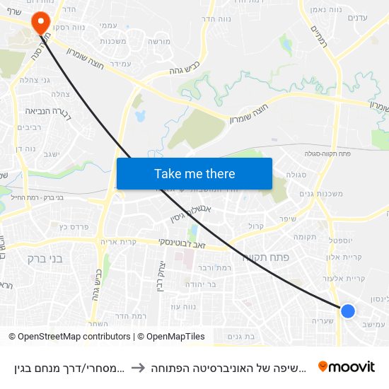 מרכז מסחרי/דרך מנחם בגין to ביה״ס חשיפה של האוניברסיטה הפתוחה map