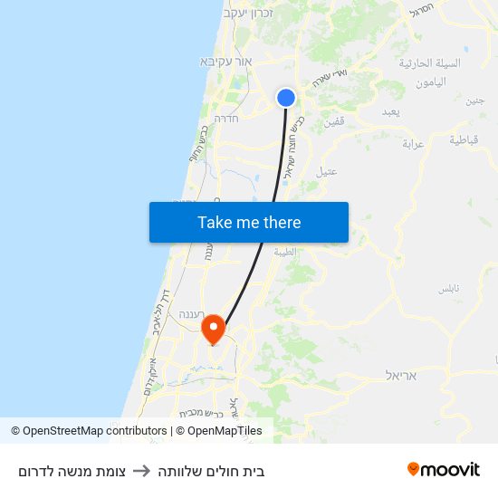 צומת מנשה לדרום to בית חולים שלוותה map