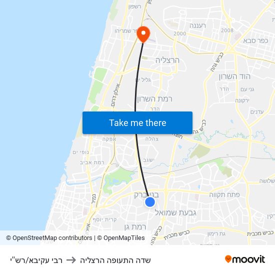 רבי עקיבא/רש''י to שדה התעופה הרצליה map