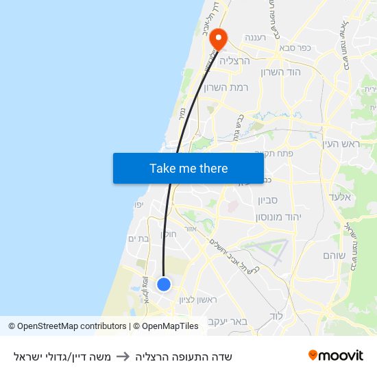 משה דיין/גדולי ישראל to שדה התעופה הרצליה map