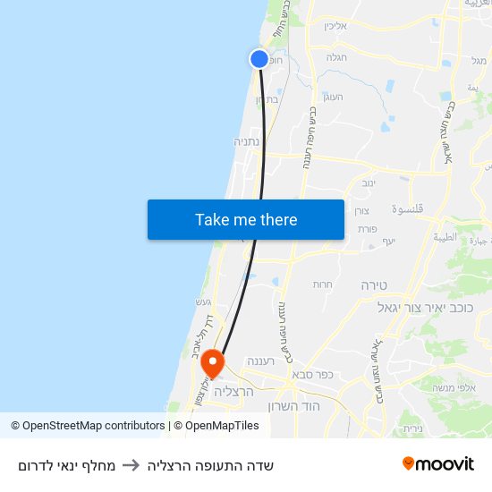 מחלף ינאי לדרום to שדה התעופה הרצליה map