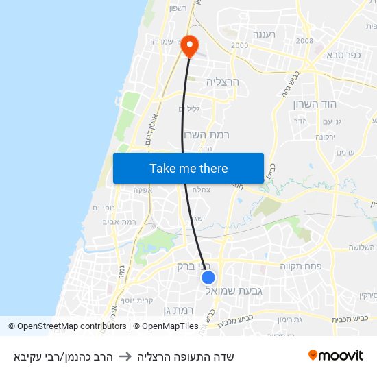 הרב כהנמן/רבי עקיבא to שדה התעופה הרצליה map