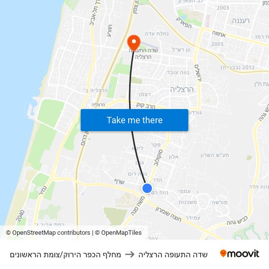 מחלף הכפר הירוק/צומת הראשונים to שדה התעופה הרצליה map