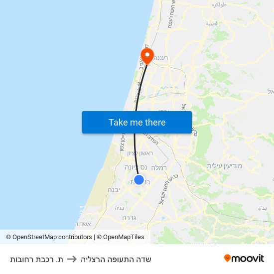 ת. רכבת רחובות to שדה התעופה הרצליה map