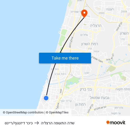 כיכר דיזנגוף/ריינס to שדה התעופה הרצליה map