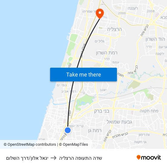 יגאל אלון/דרך השלום to שדה התעופה הרצליה map