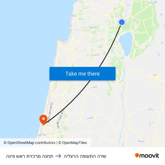 תחנה מרכזית ראש פינה to שדה התעופה הרצליה map