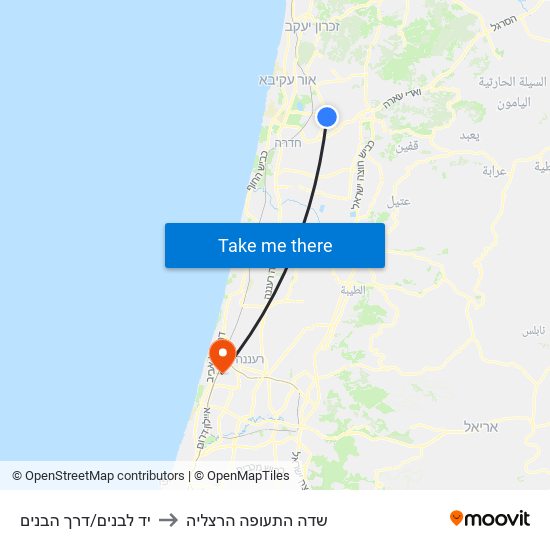 יד לבנים/דרך הבנים to שדה התעופה הרצליה map