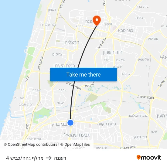 מחלף גהה/כביש 4 to רעננה map