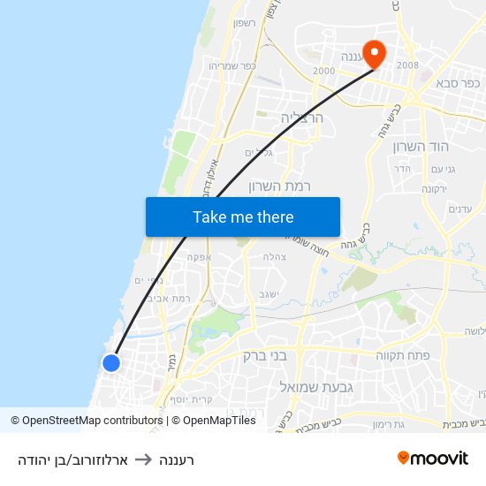 ארלוזורוב/בן יהודה to רעננה map