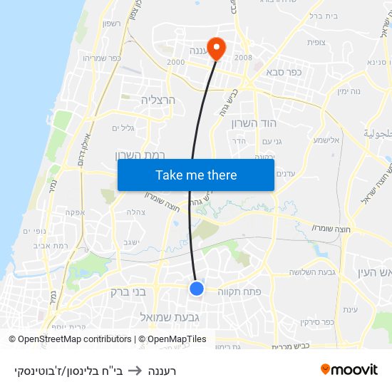 בי''ח בלינסון/ז'בוטינסקי to רעננה map