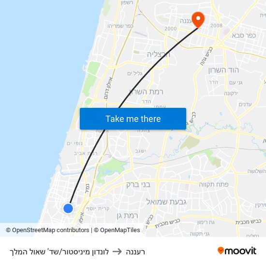 לונדון מיניסטור/שד' שאול המלך to רעננה map