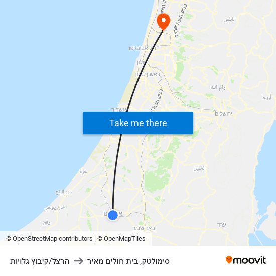 הרצל/קיבוץ גלויות to סימולטק, בית חולים מאיר map