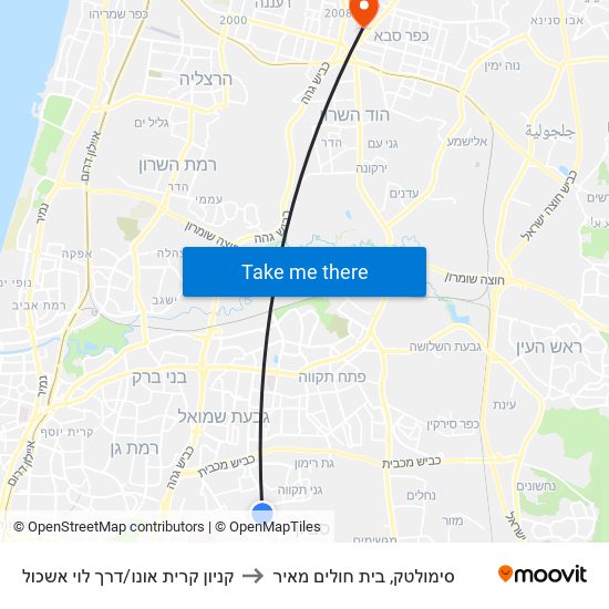 קניון קרית אונו/דרך לוי אשכול to סימולטק, בית חולים מאיר map