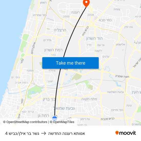 גשר בר אילן/כביש 4 to אסותא רעננה החדשה map