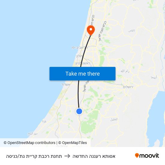 תחנת רכבת קריית גת/כניסה to אסותא רעננה החדשה map