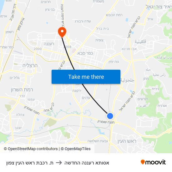 ת. רכבת ראש העין צפון to אסותא רעננה החדשה map