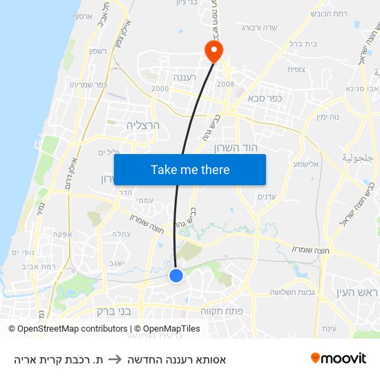 ת. רכבת קרית אריה to אסותא רעננה החדשה map