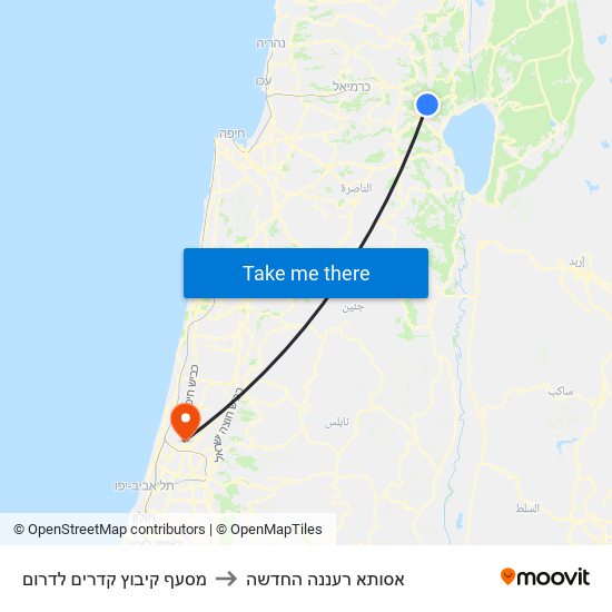 מסעף קיבוץ קדרים לדרום to אסותא רעננה החדשה map