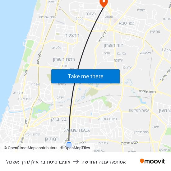 אוניברסיטת בר אילן/דרך אשכול to אסותא רעננה החדשה map