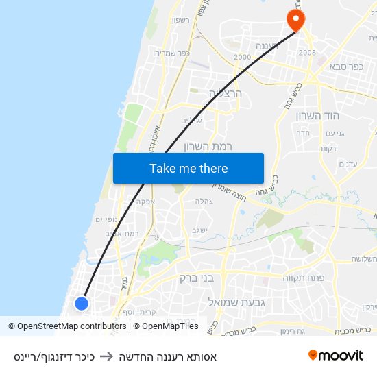 כיכר דיזנגוף/ריינס to אסותא רעננה החדשה map