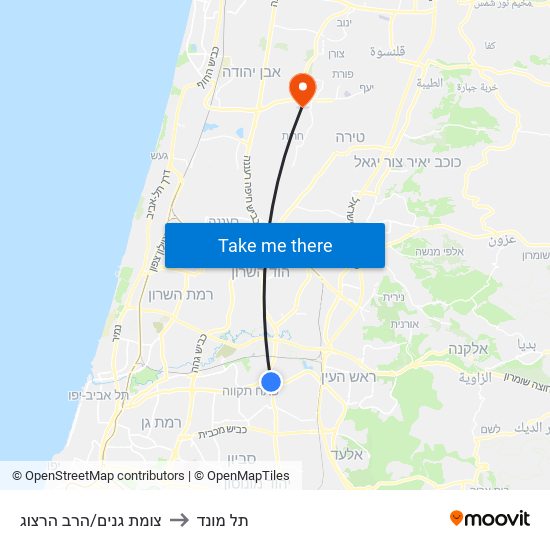 צומת גנים/הרב הרצוג to תל מונד map