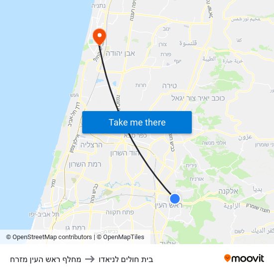 מחלף ראש העין מזרח to בית חולים לניאדו map