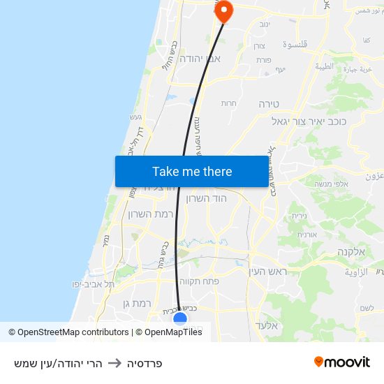 הרי יהודה/עין שמש to פרדסיה map