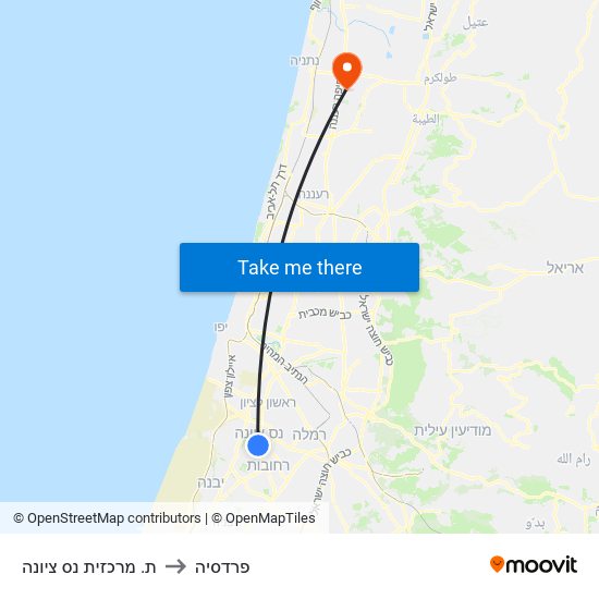 ת. מרכזית נס ציונה to פרדסיה map