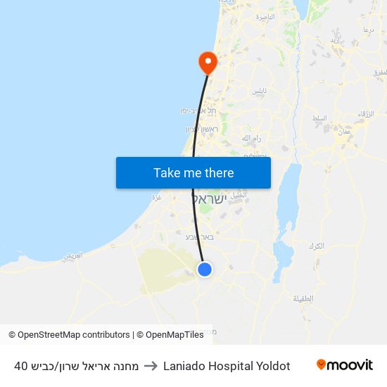 מחנה אריאל שרון/כביש 40 to Laniado Hospital Yoldot map