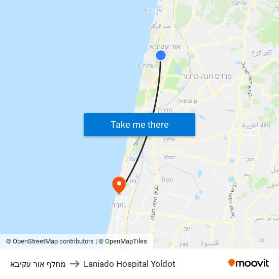 מחלף אור עקיבא to Laniado Hospital Yoldot map