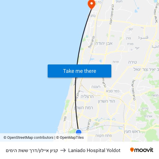 קניון איילון/דרך ששת הימים to Laniado Hospital Yoldot map