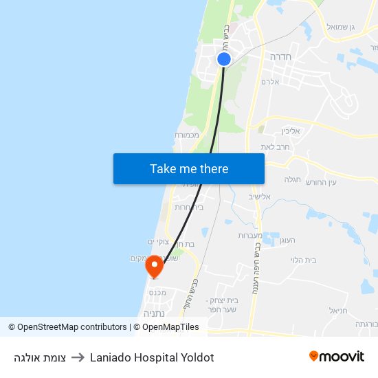 צומת אולגה to Laniado Hospital Yoldot map