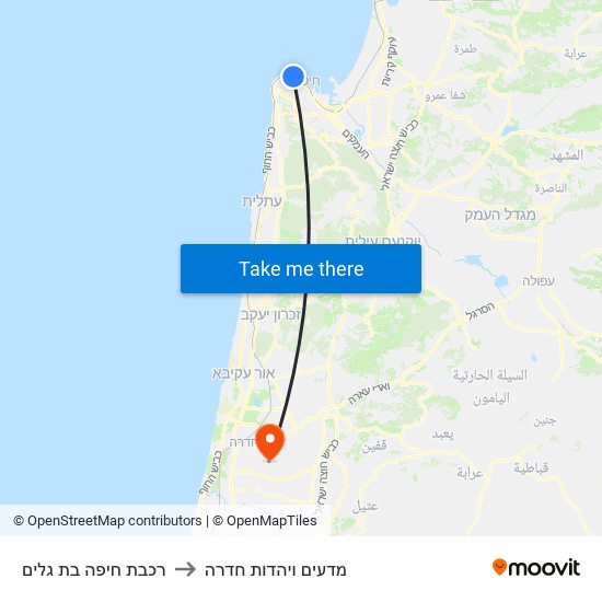 רכבת חיפה בת גלים to מדעים ויהדות חדרה map