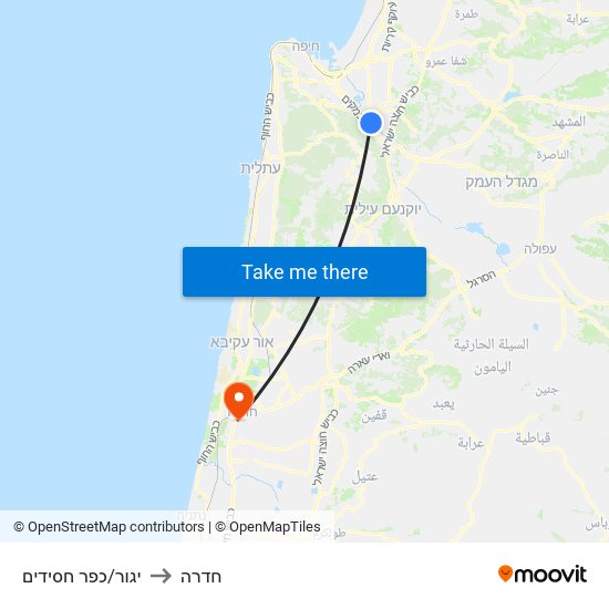 יגור/כפר חסידים to חדרה map