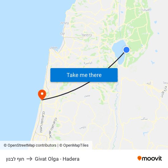 חוף לבנון to Givat Olga - Hadera map