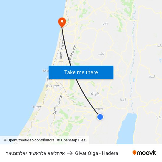 אלחליפא אלראשידי/אלמונטאר to Givat Olga - Hadera map