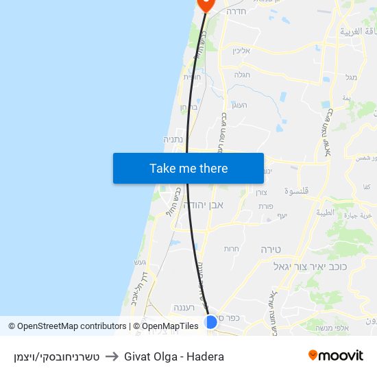 טשרניחובסקי/ויצמן to Givat Olga - Hadera map