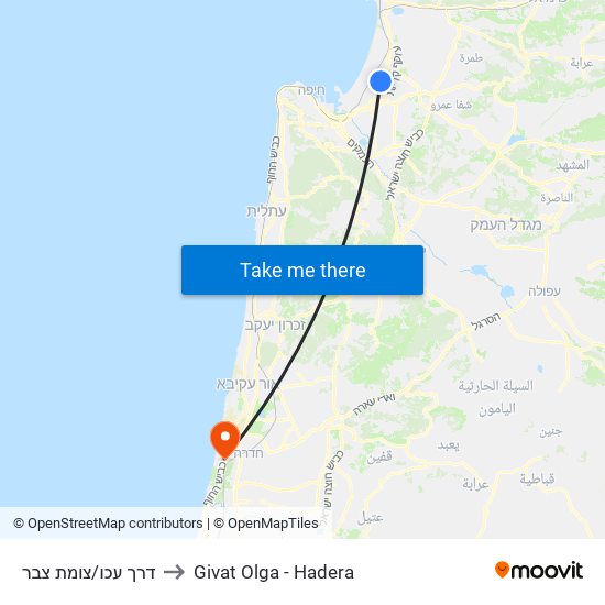 דרך עכו/צומת צבר to Givat Olga - Hadera map