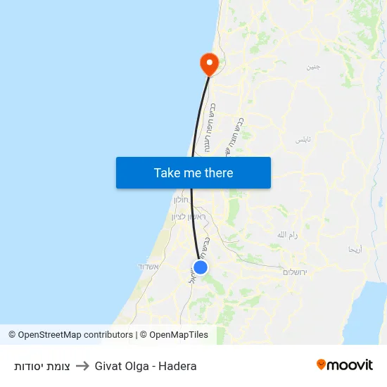 צומת יסודות to Givat Olga - Hadera map