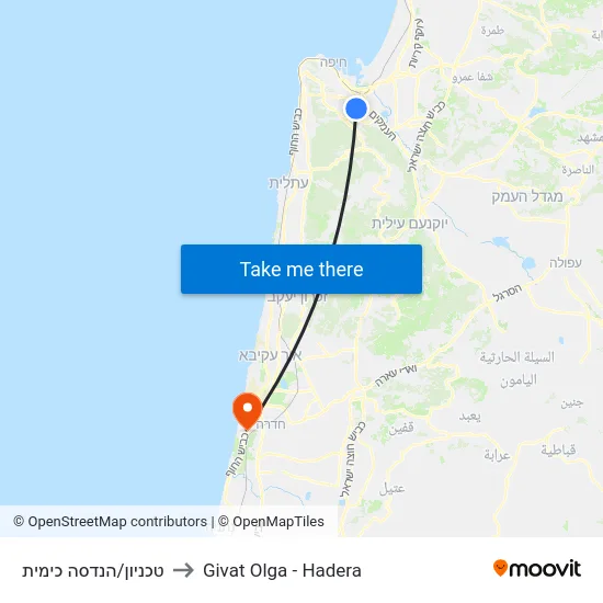 טכניון/הנדסה כימית to Givat Olga - Hadera map