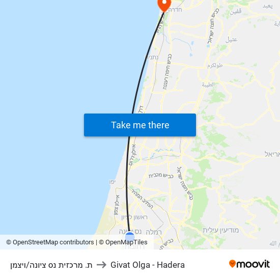 ת. מרכזית נס ציונה/ויצמן to Givat Olga - Hadera map