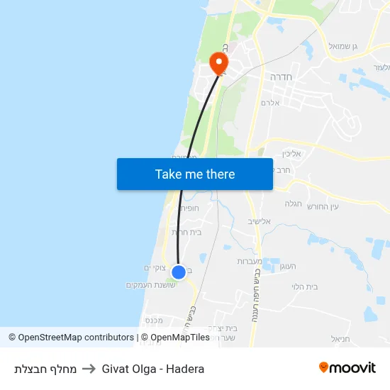מחלף חבצלת to Givat Olga - Hadera map