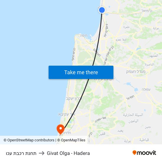 תחנת רכבת עכו to Givat Olga - Hadera map